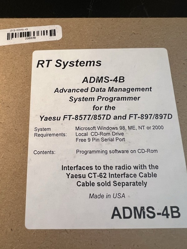RT Systems ADMS-4B Adv. Data Mgmt. Sys Prgrmr for Yaesu FT-8577/857D+FT-897/897D