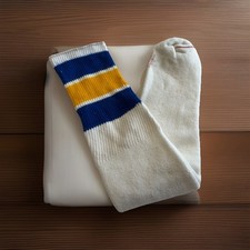 VTG socks Men s White/ Blue Gold Stripe Tube 21 USA Made OTC Acrylic Blend