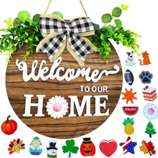 19 Cute Icons Interchangeable Seasonal Welcome Sign Front Door Decoration, Rusti