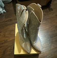 Women  s Silver Rhinestone Ankle Bootie Pointed Toe Block Heel Zip Size 7