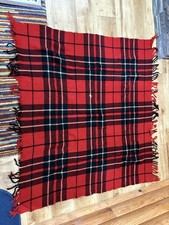 Troy Robe Wool Stadium Blanket Plaid w Fringe Red Black Wool 52 x46"