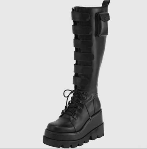 Damen Plateau Keilabsatz Kniehohe Stiefel Schnalle Runde Spitze Punk Ritter Goth Pumps - Bild 6 von 9
