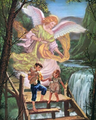 AWESOME print picture GUARDIAN ANGEL & Boy & Girl  11'' x 14'' ready to be framed