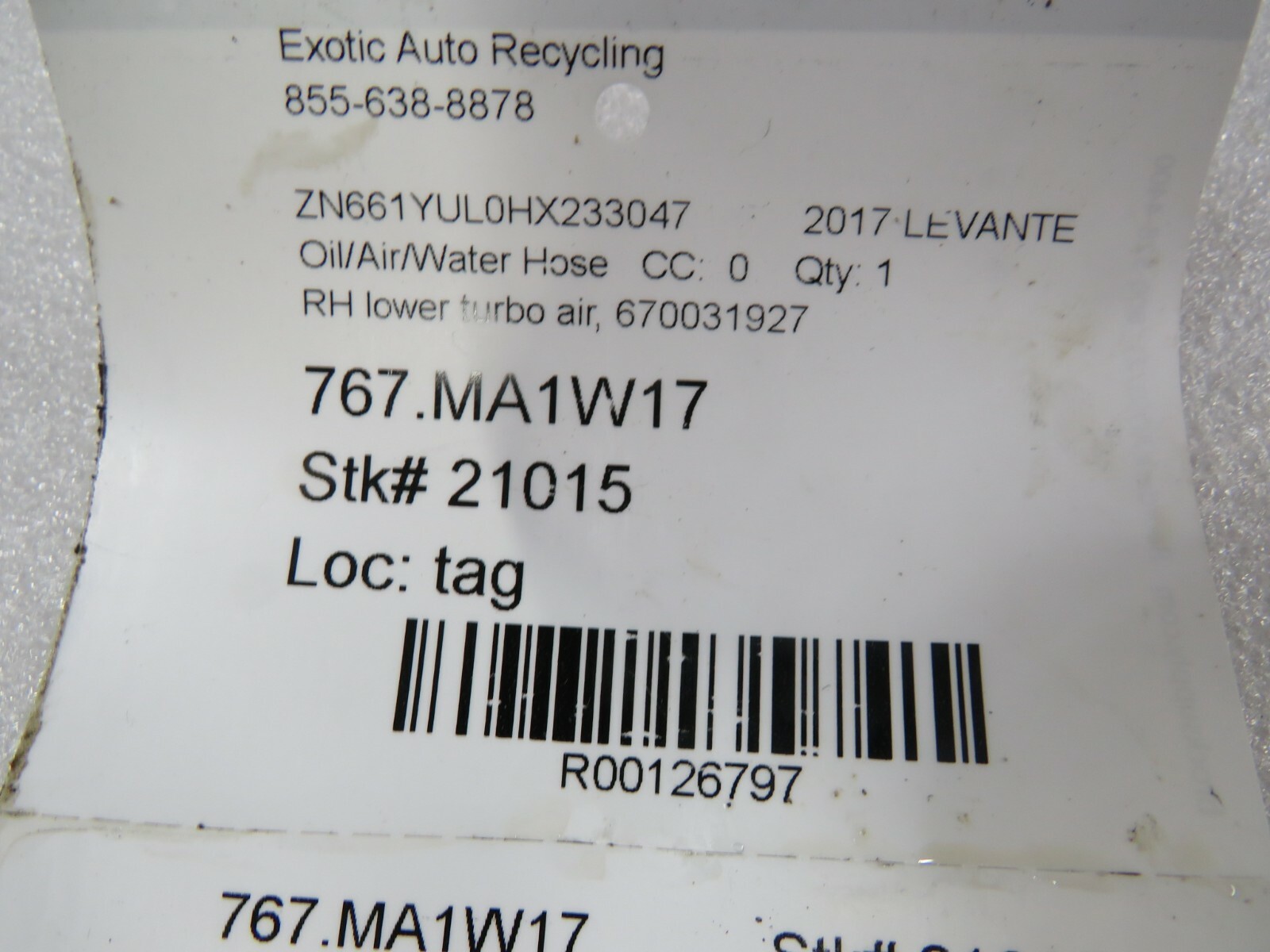 Maserati Levante, RH, Right, Lower Turbo Air Hose, Used, P/N 670031927
