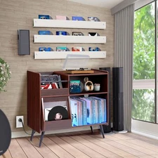 RGB Record Player Storage Cabinet Turntable Stand w/ Power Outlets & USB Ports