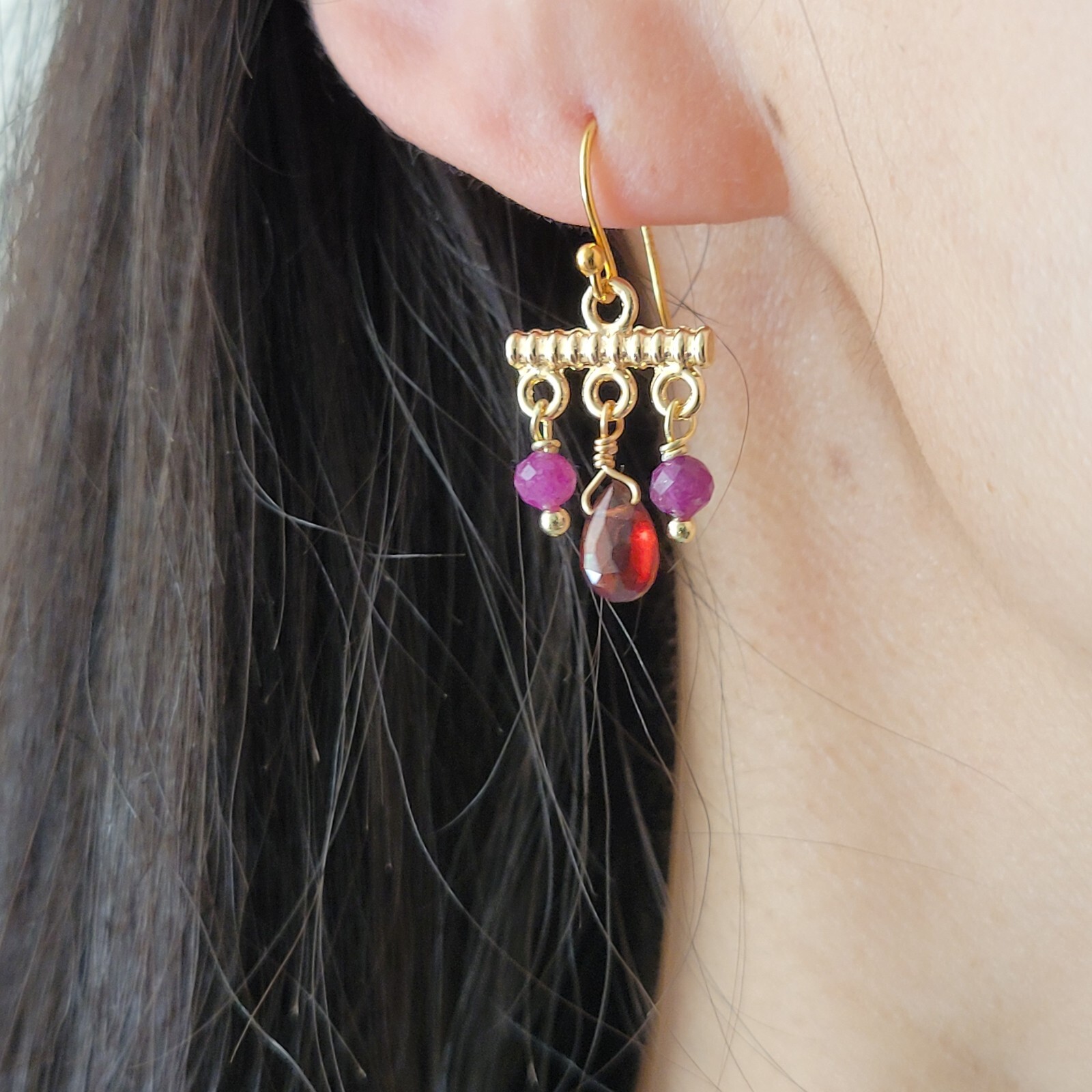 Boucles d'oreilles argent pl or jaune pierre précieuse grenat rubis pour femme