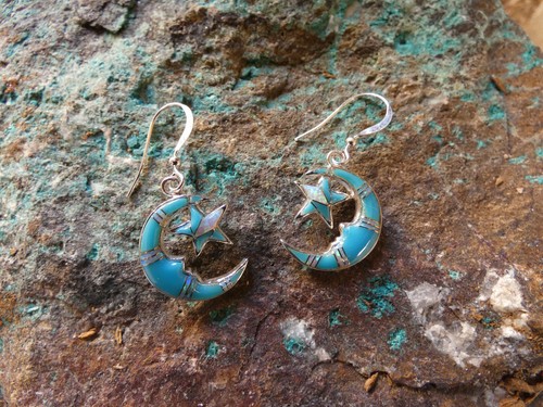 Crescent Moon Star Sterling Silver 925 Turquoise Gemstone Opal Earrings NEW T31 - Picture 2 of 7