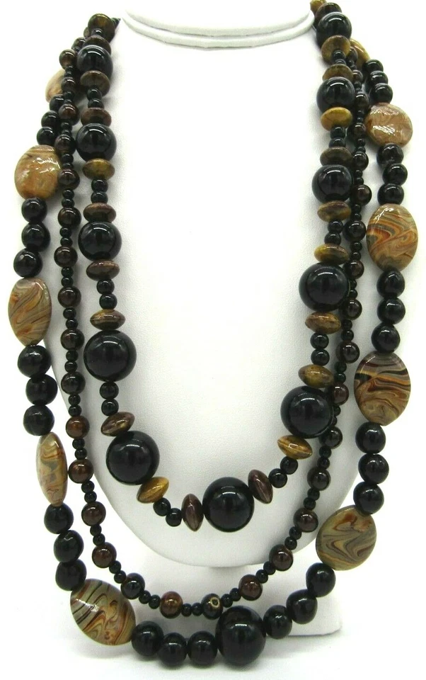 Black Onyx Brown Swirl Art Glass Beads 925 Sterling Silver Layered Necklace 21"
