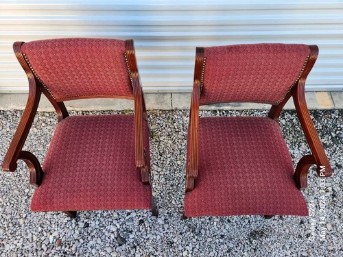St. Timothy Chair Burgundy Fabric Library Office Arm Chairs, Pair, Maple, Nice - Picture 7 of 24