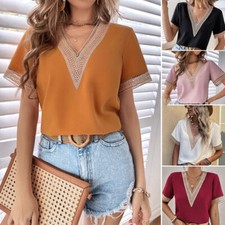 Women's V Neck Top Sleeve Basic Casual Solid Work Vacation Beach T Shirt