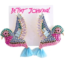 1.75" BETSEY JOHNSON CRYSTAL RHINESTONE BIRD w/ FRINGE TASSEL TAIL DROP EARRINGS