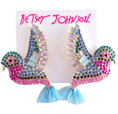 1.75'' BETSEY JOHNSON CRYSTAL RHINESTONE BIRD w/ FRINGE TASSEL TAIL DROP EARRINGS