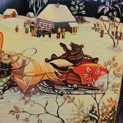 Vintage Russian Black Laquer Jewelry Trinket Box Horses Sleigh Bear Snow 6 x 4 - Picture 13 of 24