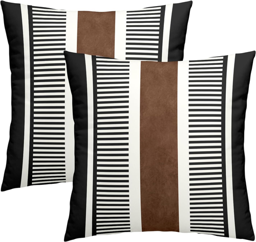2 SET Boho Decorative Throw Pillow Covers 18X18 Black White Brown Stripe Pillow - Picture 11 of 12