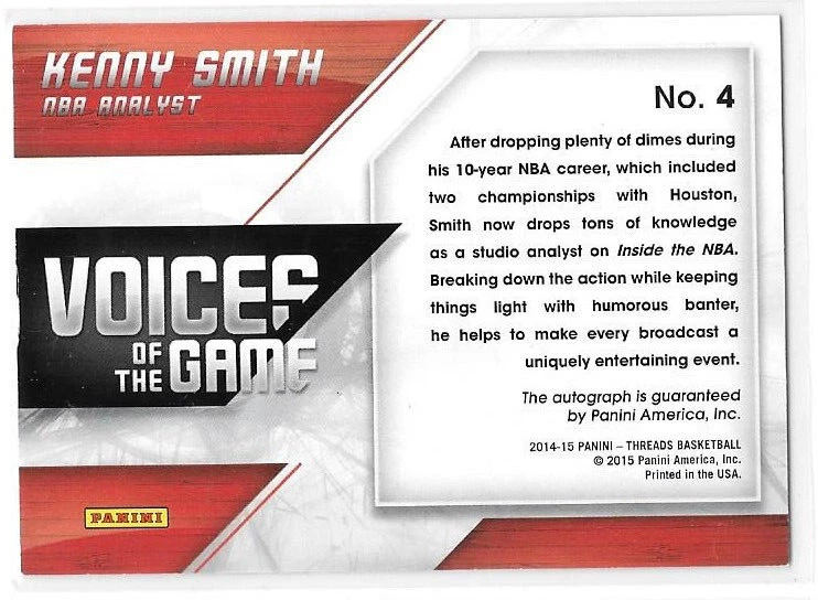 2014-15 Panini Threads Voices of the Game Autographs #4 Kenny Smith /99 - Image 2 of 2