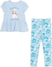 Disney Frozen Little Girls Elsa 2 Piece Short Sleeve Leggings Set Size 8 Blue