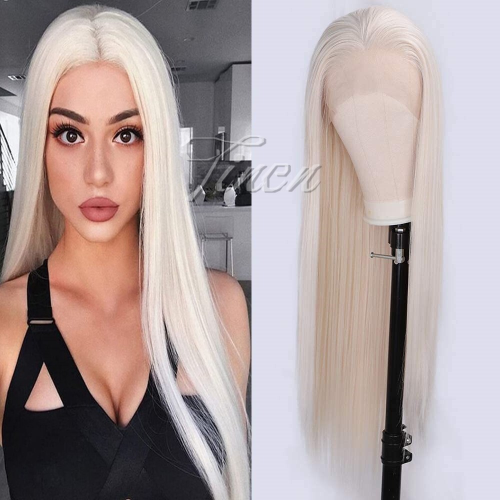 Platinum Blonde Synthetic Lace Front Wig Transparent Heat  display picture 3