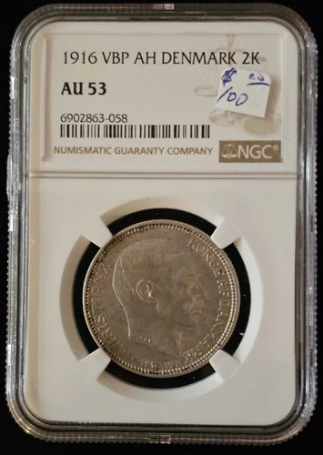 Denmark 1916 VBP AH Silver 2 Kroner Accession of Christian X NGC AU-53