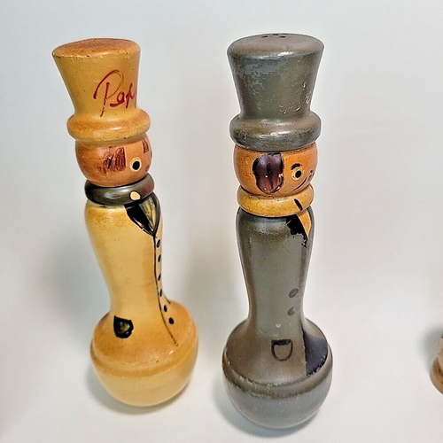 Japan Salty & Peppy Wood Chef Painted Salt & Pepper Shaker Set - Lot x 4 - Rare - Picture 8 of 24