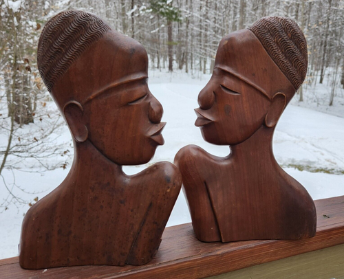 Pair Hagenauer Style African Bust Head Carved Wood Sculpture Mid Century India