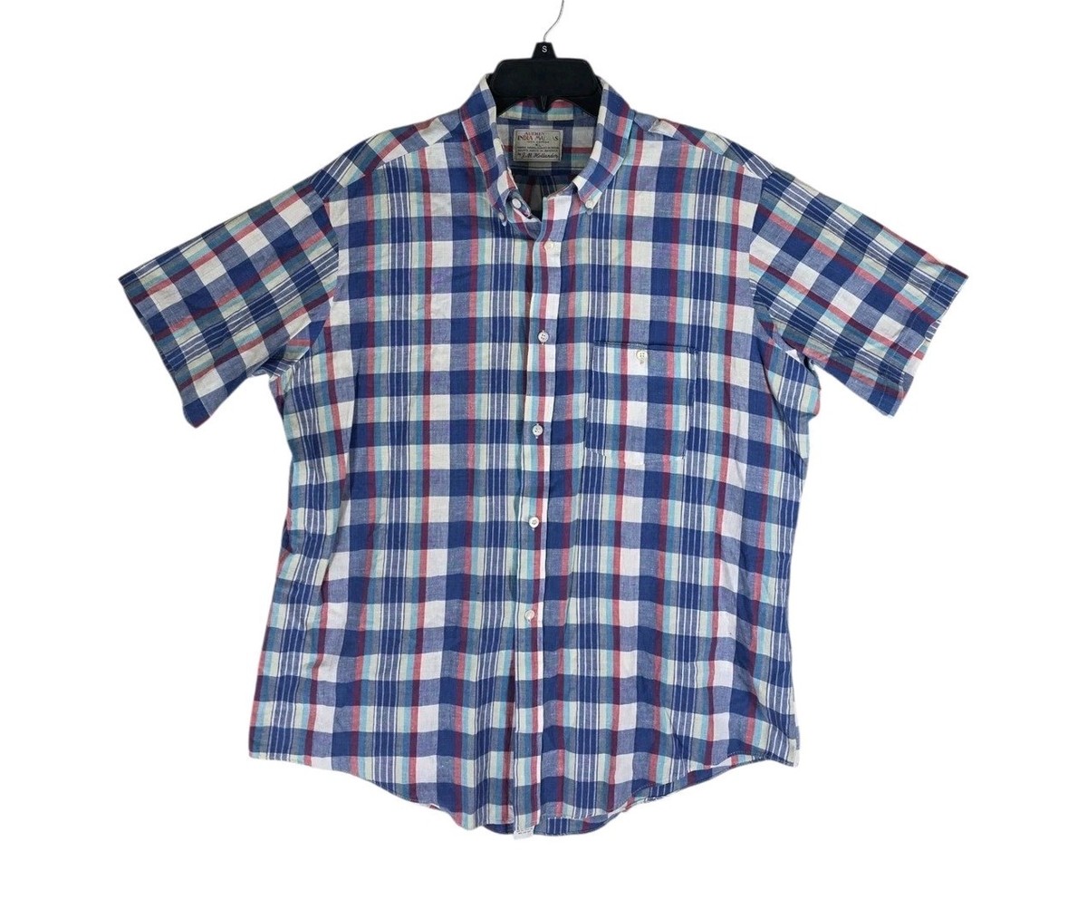 Vtg J.M. Hollander India Madras Plaid Shirt Mens XL Button Down Blue Red SS USA View 2