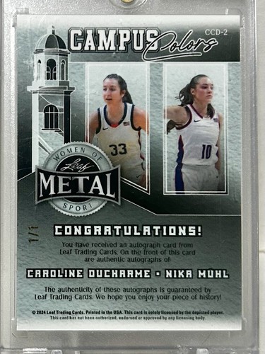 Nika Muhl Caroline Ducharme 2024 Leaf Campus Colors Gold 1/1 Auto UConn - Afbeelding 2 van 2