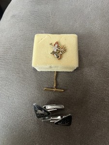 Thai Hindu Indian Gold Tone Colorful Dancer Tie Pin-Silver Tone Black Cuff Links
