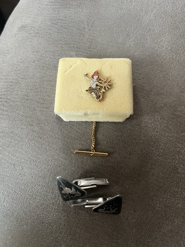 Thai Hindu Indian Gold Tone Colorful Dancer Tie Pin-Silver Tone Black Cuff Links