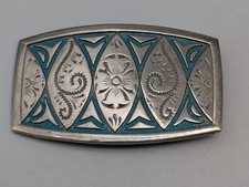 Vintage Silver Tone Belt Buckle Engraved Design Turquoise Painted Accent