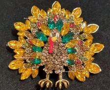 Turkey Thanksgiving Day / Fall Crystal Rhinestone Brooch Pin Velvet Bag