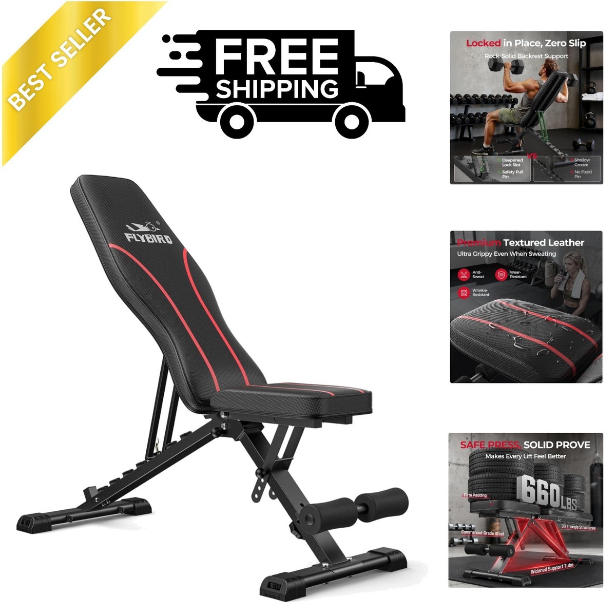 FLYBIRD Adjustable Bench,Utility Weight Bench for Full Body 