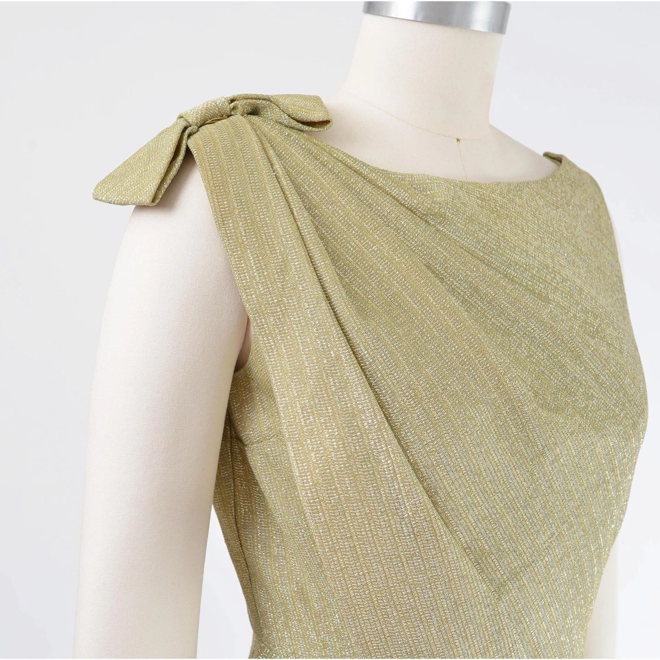 复古 60 年代金属金色无袖铅笔摆动迷你连衣裙带蝴蝶结 XS — 第 4/4 张图片