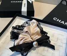 CHANEL Lace Satin Scrunchie Hair Tie Bow Pear...