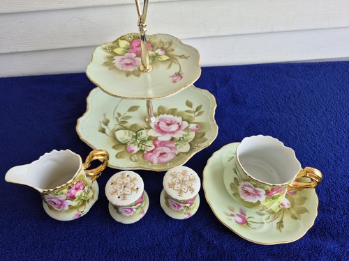 VINTAGE LEFTON CHINA HAND PAINTED GREEN HERITAGE PINK ROSE VICTORIAN 1950'S...