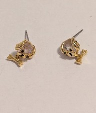 Gold Tone Stud Dangle Dog Face/Bone Earrings With Faceted Clear Glass. 1/2"