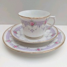 Melba China England Purple Floral Tea Set Trio Cup Saucer Plate Vintage Prelove