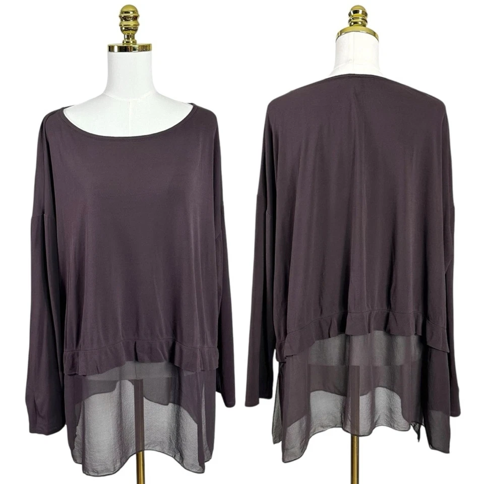 Top túnica cuadrada Eileen Fisher LagenLook seda barco clavo marrón talla XL gasa Foto 3 de 4