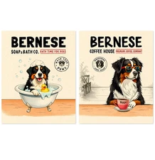 2 Pieces Bernese Mountain Dog Bath and Coffee Concept Art Print Set