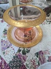 vintage pink depression glass pedestal bowl and matching plate set,