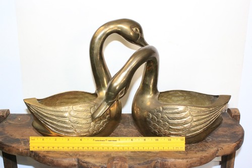 2 Heavy Vintage Brass Swan Planters; 5.2lbs total; 10"; geese; pair love - Picture 2 of 12