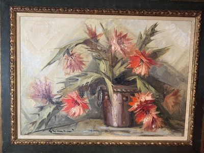 Monumental ''Still Life Pot Of Flowers Scene'' Oil Painting - Signed And Framed