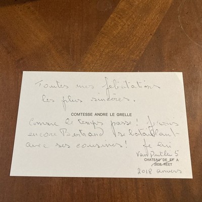 LA COMTESSE ANDRE LE GRELLE MANUSCRIPT NOBILITY GENEALOGY BUSINESS CARD