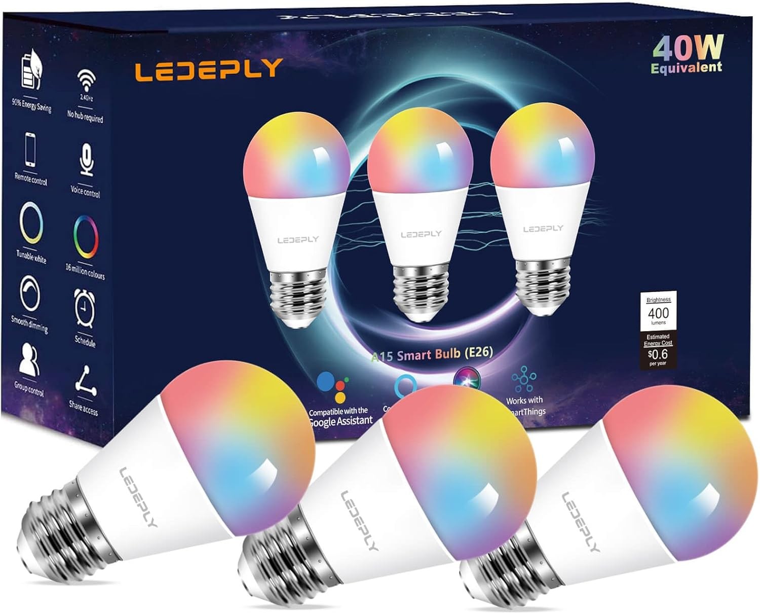 A15 LED Smart Bulb, Compatible with Alexa, Google Home, E26, 5W=40W, Color Chang