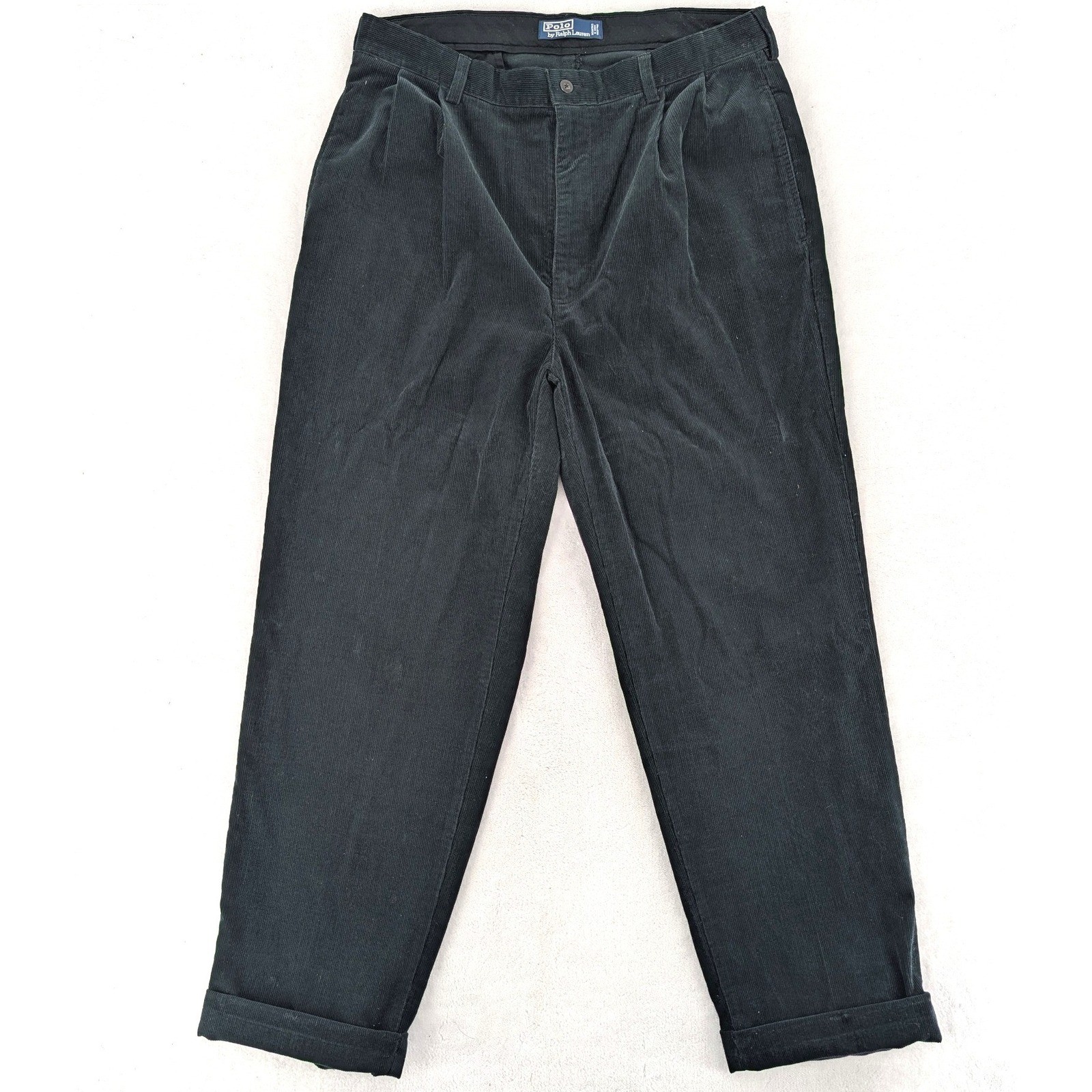 VTG Polo Ralph Lauren Pleated Corduroy Pants Dark Green Cuffed 36/32 Preppy