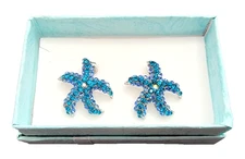 STARFISH Earrings(post) Silver tone w/ Blue, Purple & AB Gems w/Gift Box