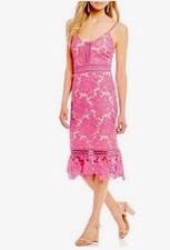 Gianni Bini Pink Lace Overlay Floral Midi Mermaid Wedding Cocktail Dress S EUC