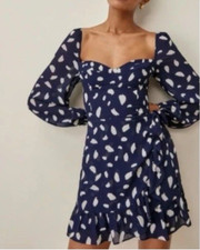 Reformation Cammie Navy Blue White Print Long Sleeve Mini Dress Size 6