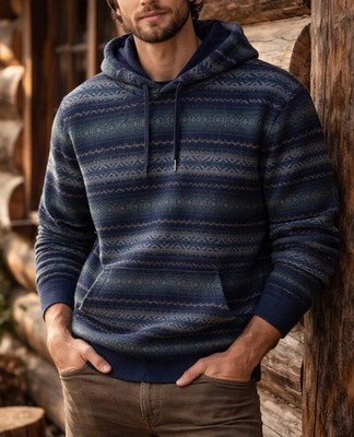 IZOD Mens Hooded Sweater 2X Fair Isle Knit Blue Green 100% Cotton Cabincore Ski