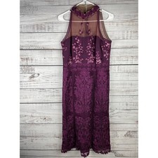 David Meister Purple High Neck Lace Sheath Midi Dress 10 Floral Formal Elegant