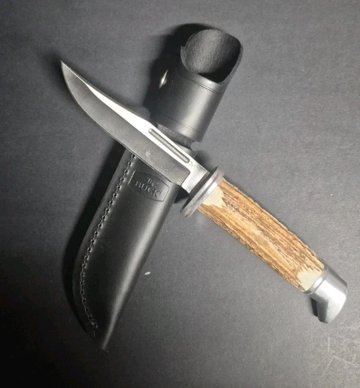 Cuchillo de caza Buck 117 Brahma hoja fija mango de asta de ciervo funda de cuero Foto 2 de 4